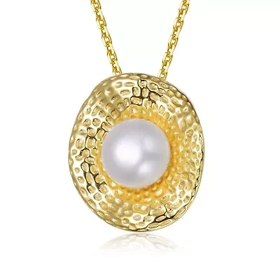 Lab Created Sterling Silver 14K Gold Plated with Genuine Freshwater Pearl Hammered Pendant Necklace