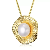 Lab Created Sterling Silver 14K Gold Plated with Genuine Freshwater Pearl Hammered Pendant Necklace