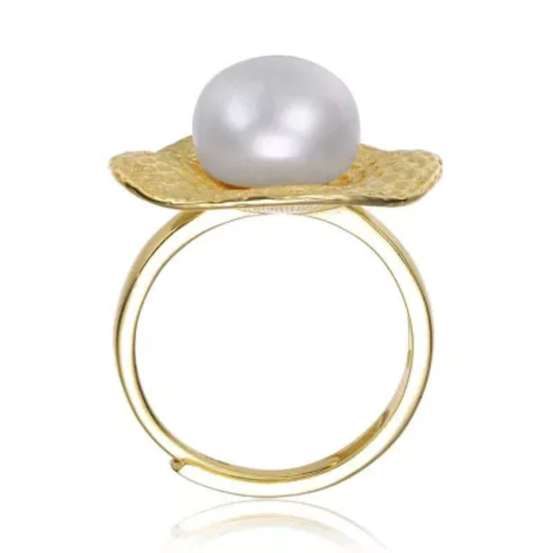 Lab Created Rozzato Sterling Silver 14K Gold Plated with Genuine Freshwater Pearl Hammered Ring
