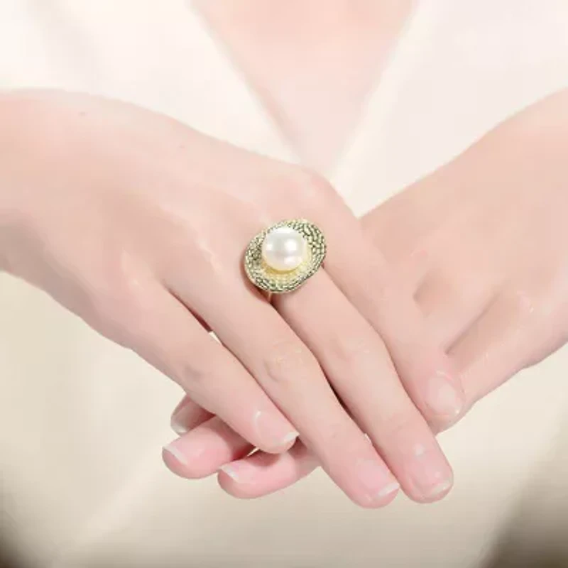 Lab Created Rozzato Sterling Silver 14K Gold Plated with Genuine Freshwater Pearl Hammered Ring