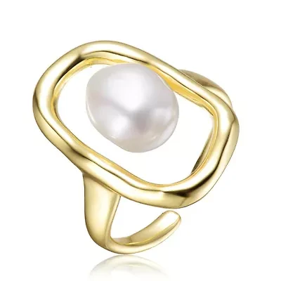 Lab Created Rozzato Sterling Silver 14K Gold Plated with White Irregular Freshwater Pearl Statement Ring