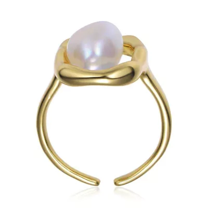 Lab Created Rozzato Sterling Silver 14K Gold Plated with White Irregular Freshwater Pearl Statement Ring