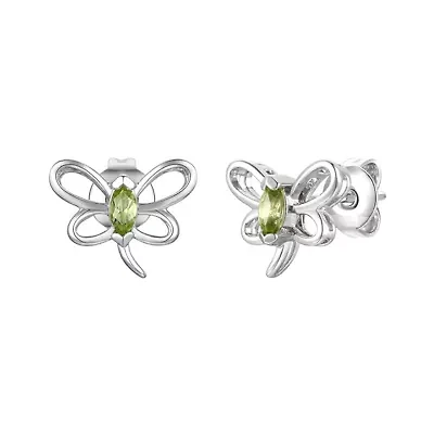 Lab Created Sterling Silver White Gold Plated with Peridot Tourmaline Gemstone Butterfly Stud Earrings