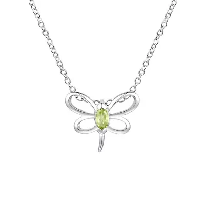 Lab Created Sterling Silver White Gold Plated with Peridot Tourmaline Gemstone Butterfly Pendant Necklace