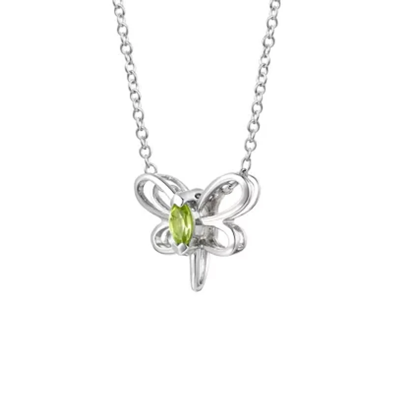 Lab Created Sterling Silver White Gold Plated with Peridot Tourmaline Gemstone Butterfly Pendant Necklace