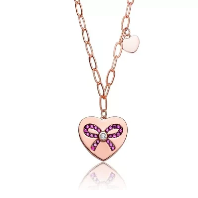 Lab Created 18K Rose Gold Plated with Clear Tie Ribbon on Heart-Shaped Pendant Necklace for Kids/Teens