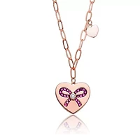 Lab Created 18K Rose Gold Plated with Clear Tie Ribbon on Heart-Shaped Pendant Necklace for Kids/Teens