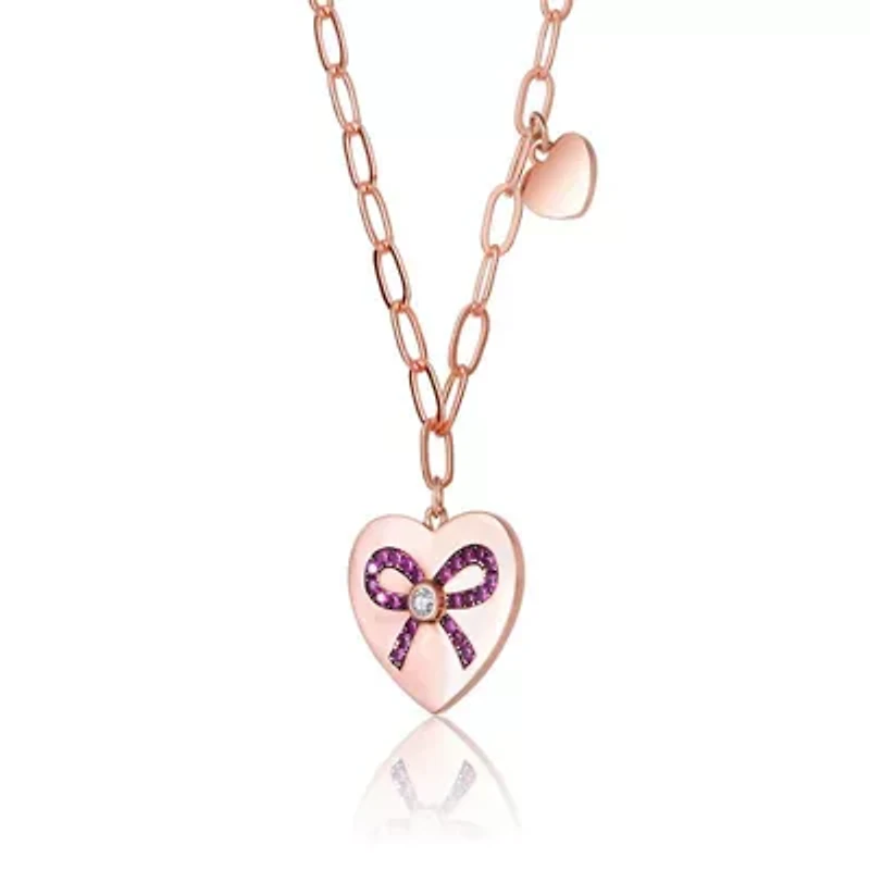 Lab Created 18K Rose Gold Plated with Clear Tie Ribbon on Heart-Shaped Pendant Necklace for Kids/Teens