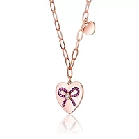 Lab Created 18K Rose Gold Plated with Clear Tie Ribbon on Heart-Shaped Pendant Necklace for Kids/Teens
