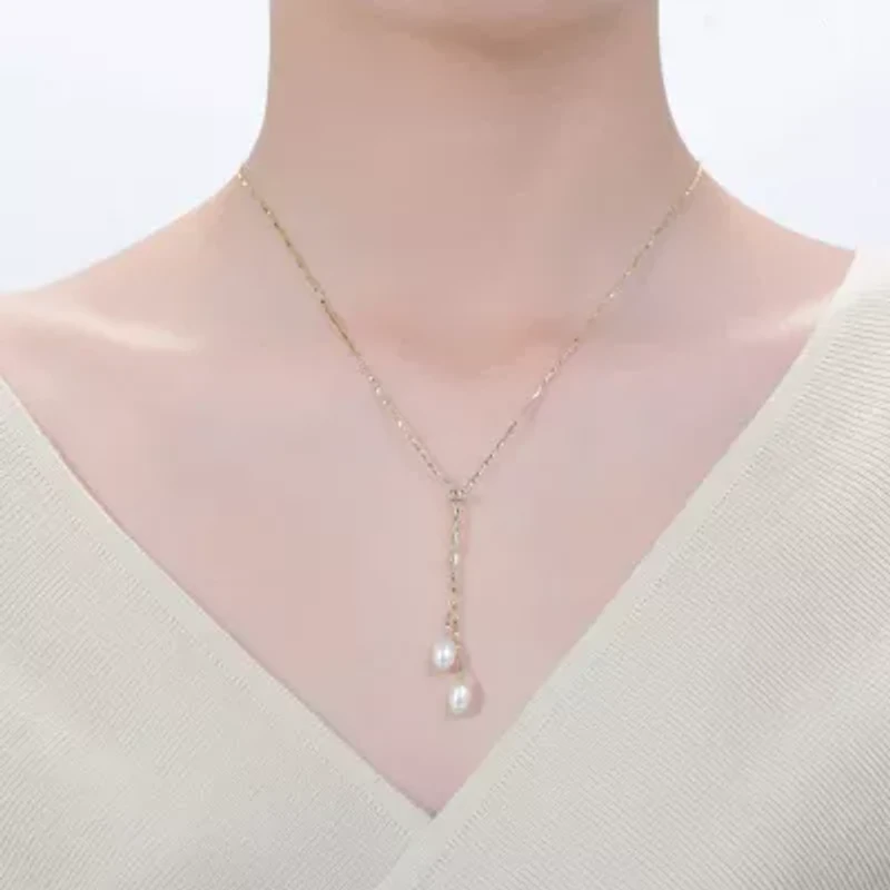 Lab Created Rozzato 14K Gold Plated with Pearl and Cubic Zirconia Y Neck Necklace
