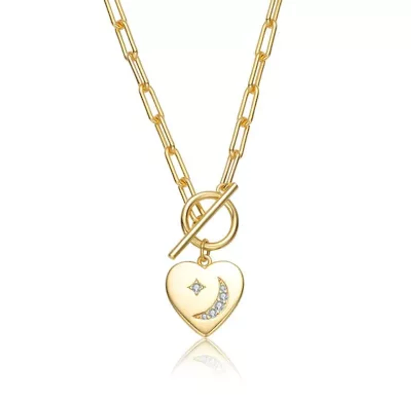 Lab Created 14K Gold Plated with Clear Cubic Zirconia Moon and Star Heart Charm Necklace for Kids/Teens