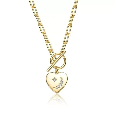 Lab Created 14K Gold Plated with Clear Cubic Zirconia Moon and Star Heart Charm Necklace for Kids/Teens
