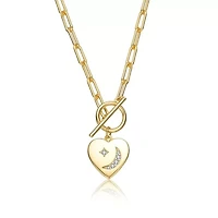 Lab Created 14K Gold Plated with Clear Cubic Zirconia Moon and Star Heart Charm Necklace for Kids/Teens