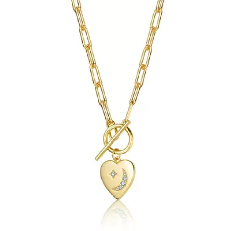 Lab Created 14K Gold Plated with Clear Cubic Zirconia Moon and Star Heart Charm Necklace for Kids/Teens