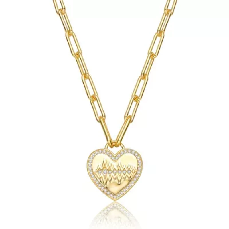 Lab Created 14K Gold Plated with Clear Cubic Zirconia Heart Charm Necklace for Kids/Teens