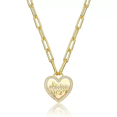 Lab Created 14K Gold Plated with Clear Cubic Zirconia Heart Charm Necklace for Kids/Teens