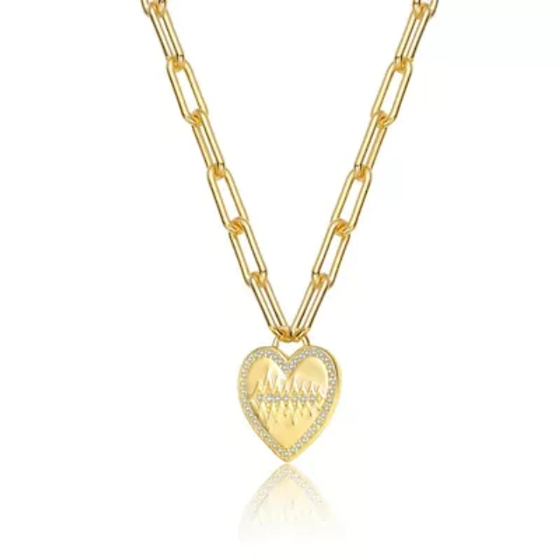 Lab Created 14K Gold Plated with Clear Cubic Zirconia Heart Charm Necklace for Kids/Teens