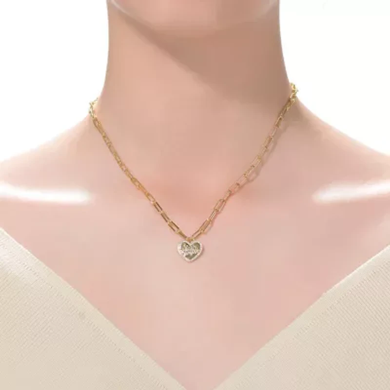 Lab Created 14K Gold Plated with Clear Cubic Zirconia Heart Charm Necklace for Kids/Teens