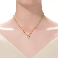 Lab Created 14K Gold Plated with Clear Cubic Zirconia Heart Charm Necklace for Kids/Teens