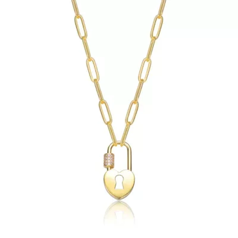 Lab Created 14K Gold Plated with Clear Cubic Zirconia Lock Charm Necklace for Kids/Teens