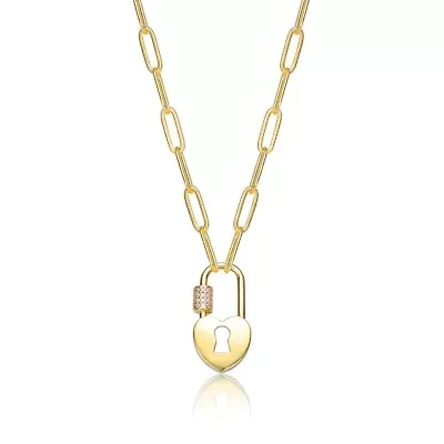Lab Created 14K Gold Plated with Clear Cubic Zirconia Lock Charm Necklace for Kids/Teens