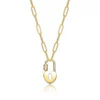 Lab Created 14K Gold Plated with Clear Cubic Zirconia Lock Charm Necklace for Kids/Teens