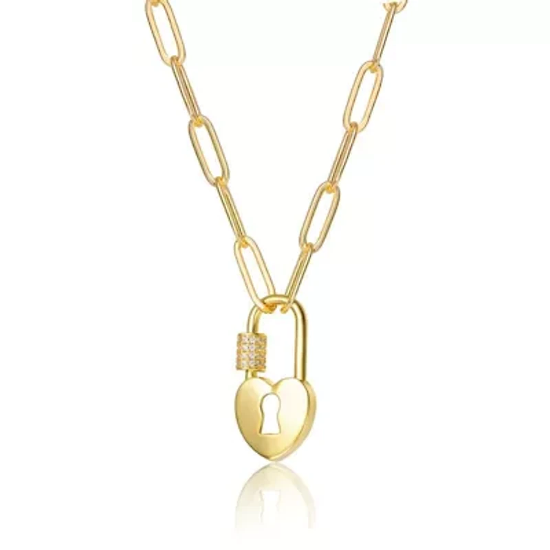 Lab Created 14K Gold Plated with Clear Cubic Zirconia Lock Charm Necklace for Kids/Teens
