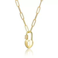 Lab Created 14K Gold Plated with Clear Cubic Zirconia Lock Charm Necklace for Kids/Teens
