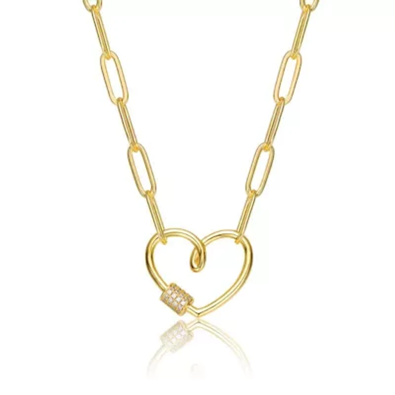 Lab Created 14K Gold Plated with Clear Cubic Zirconia Abstract Heart Charm Necklace for Kids/Teens