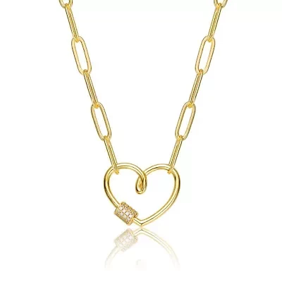 Lab Created 14K Gold Plated with Clear Cubic Zirconia Abstract Heart Charm Necklace for Kids/Teens