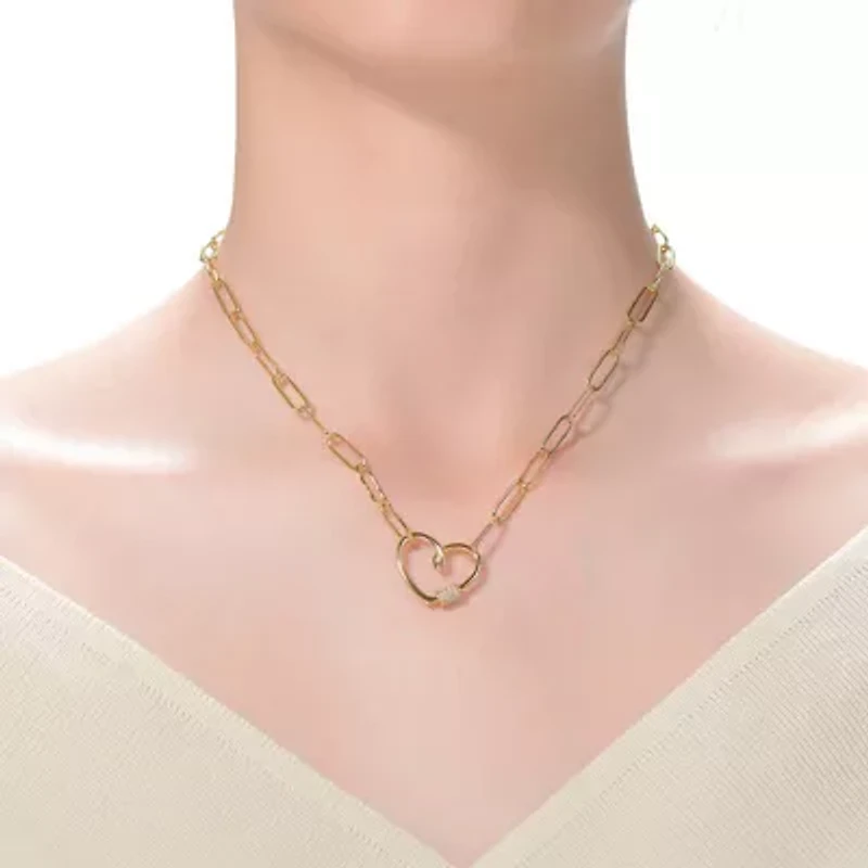 Lab Created 14K Gold Plated with Clear Cubic Zirconia Abstract Heart Charm Necklace for Kids/Teens