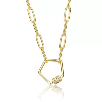 Lab Created 14K Gold Plated with Clear Cubic Zirconia Pentagon Charm Necklace for Kids/Teens