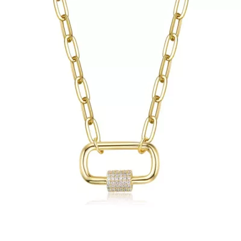 Lab Created 14K Gold Plated with Clear Cubic Zirconia Chain Rectangle Pendant Necklace for Kids/Teens