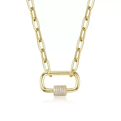 Lab Created 14K Gold Plated with Clear Cubic Zirconia Chain Rectangle Pendant Necklace for Kids/Teens