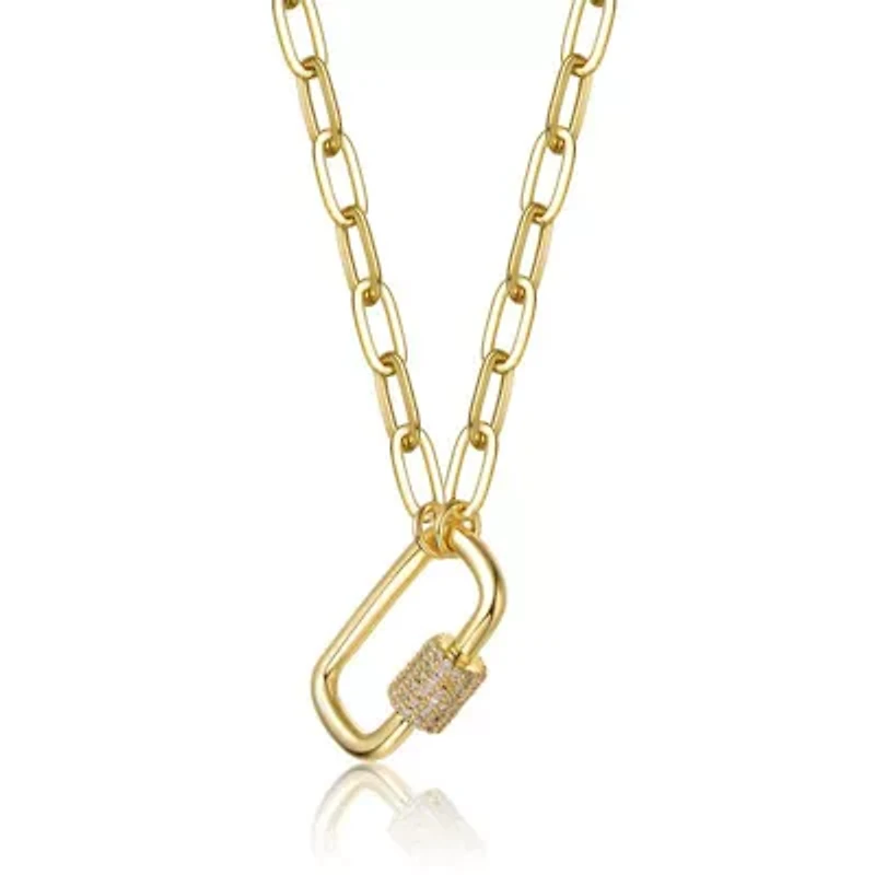 Lab Created 14K Gold Plated with Clear Cubic Zirconia Chain Rectangle Pendant Necklace for Kids/Teens