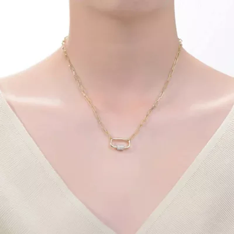 Lab Created 14K Gold Plated with Clear Cubic Zirconia Chain Rectangle Pendant Necklace for Kids/Teens