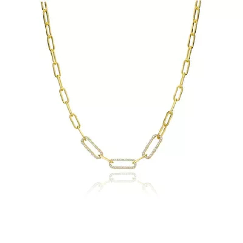 Lab Created 14K Gold Plated with Clear Cubic Zirconia Elongated Cable Link Chain Necklace for Kids/Teens