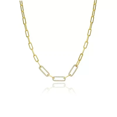 Lab Created 14K Gold Plated with Clear Cubic Zirconia Elongated Cable Link Chain Necklace for Kids/Teens