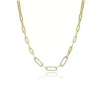 Lab Created 14K Gold Plated with Clear Cubic Zirconia Elongated Cable Link Chain Necklace for Kids/Teens