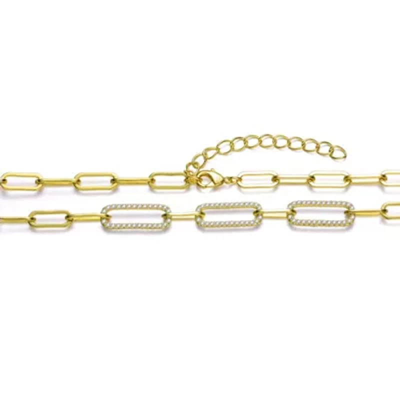 Lab Created 14K Gold Plated with Clear Cubic Zirconia Elongated Cable Link Chain Necklace for Kids/Teens