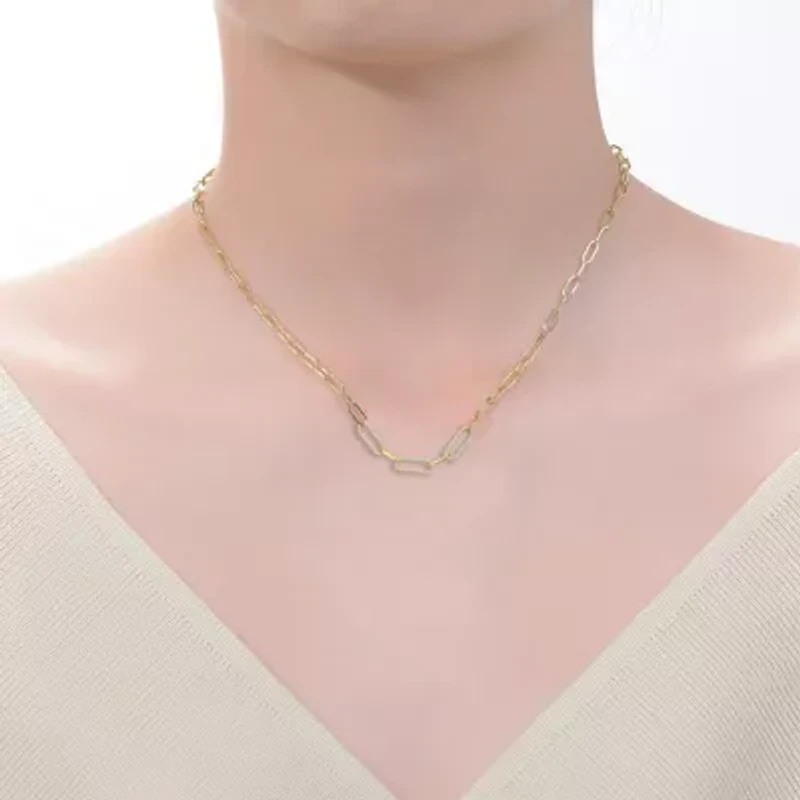 Lab Created 14K Gold Plated with Clear Cubic Zirconia Elongated Cable Link Chain Necklace for Kids/Teens