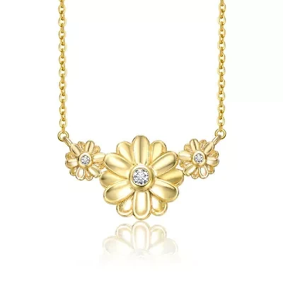Lab Created 14K Gold Plated with Clear Cubic Zirconia Triple Daisy Flower Chevron Pendant Necklace for Kids/Teens