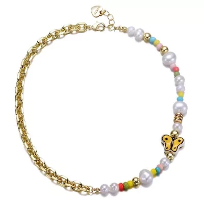 Lab Created 14K Gold Plated with Multi-Color Beads & Freshwater Pearls and a Butterfly Charm Necklace for Kids