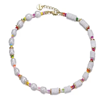 Lab Created 14K Gold Plated with Multi-Color Beads Necklace with Freshwater Pearls for Kids