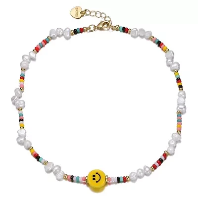 Lab Created 14K Gold Plated with Multi-Color Beads Necklace with Freshwater Pearls and a Smiley Charm for Kids
