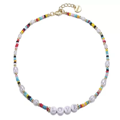 Lab Created 14K Gold Plated with Multi Color Beads Necklace with Freshwater Pearls and Love Tag in Circular Charms for Kids