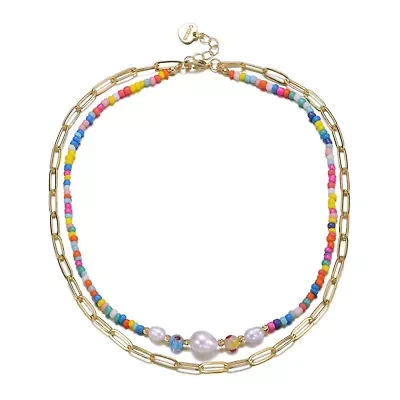 Lab Created 14K Gold Plated with Multi-Color Beads Bracelet with Freshwater Pearls and an Outer Link Chain for Kids