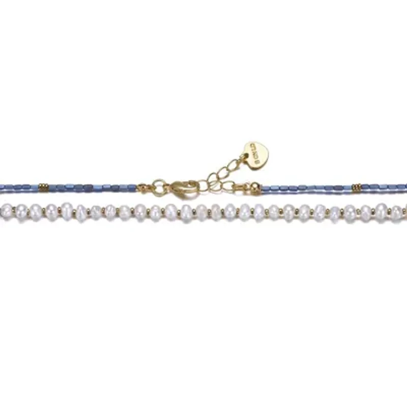 Lab Created 14K Gold Plated with Light Blue Mineral Beads & Freshwater Pearls Bracelet for Kids/Teens