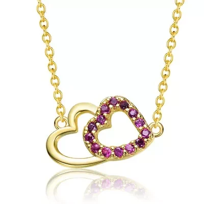 Lab Created 14K Gold Plated with Ruby Red Cubic Zirconia Double Heart Entwined Necklace