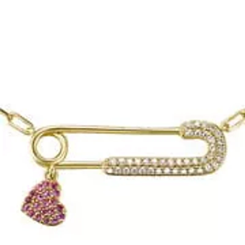 Lab Created Pink Cubic Zirconia Heart Charm Dangle Paperclip Adjustable Length Necklace